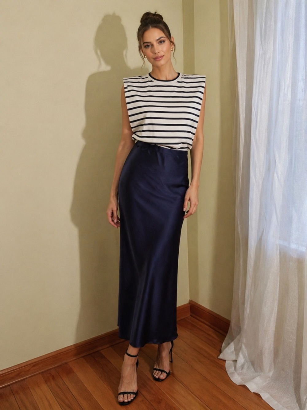 Zara Mixed Fabric Satin Striped Midi Dress Navy solid and striped